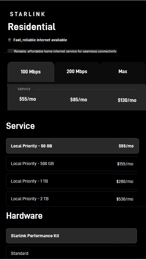 StarLink interent service price and ystem pricing
